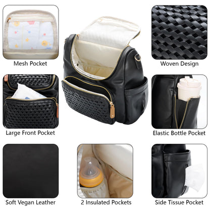 Minsong Diaper Bag Backpack, Small Diaper Backpack for Mom with Changing Station, Stylish Vegan Leather Travel Diaper Nappy Bags (Black)
