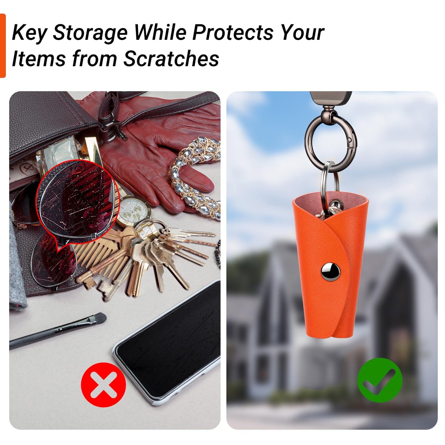 T-carbon Top Grain Leather Key Wrap for House Keys, Compact Key Holder Case Fits 2-5 Keys, Silent Rattle-Free Design,Portable Keychain