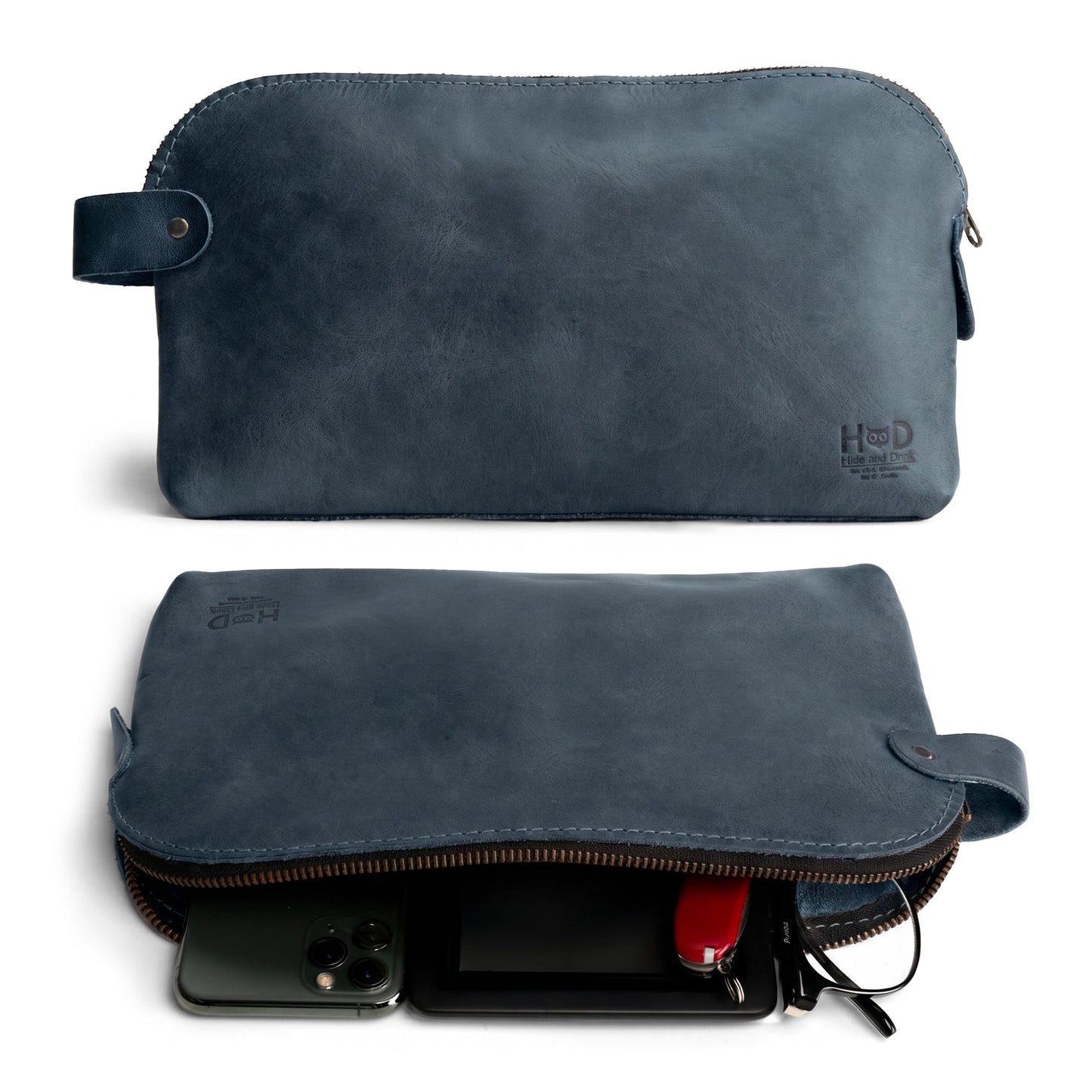 Hide & Drink, Large Rustic All Purpose Dopp Kit Utility Bag for Cords & Chargers, Travel Bag, Multi-Purpose Bag, Full Grain Leather, Handmade, Slate Blue