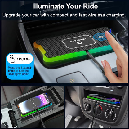 Wireless Car Charger Pad, REESTECQI 15W RGB Wireless Charger for Car Type C Non Slip Charging Pad for Car Compatible with Airpods iPhone 16/15/14/13/12,Samsung Google (30CM Cable)