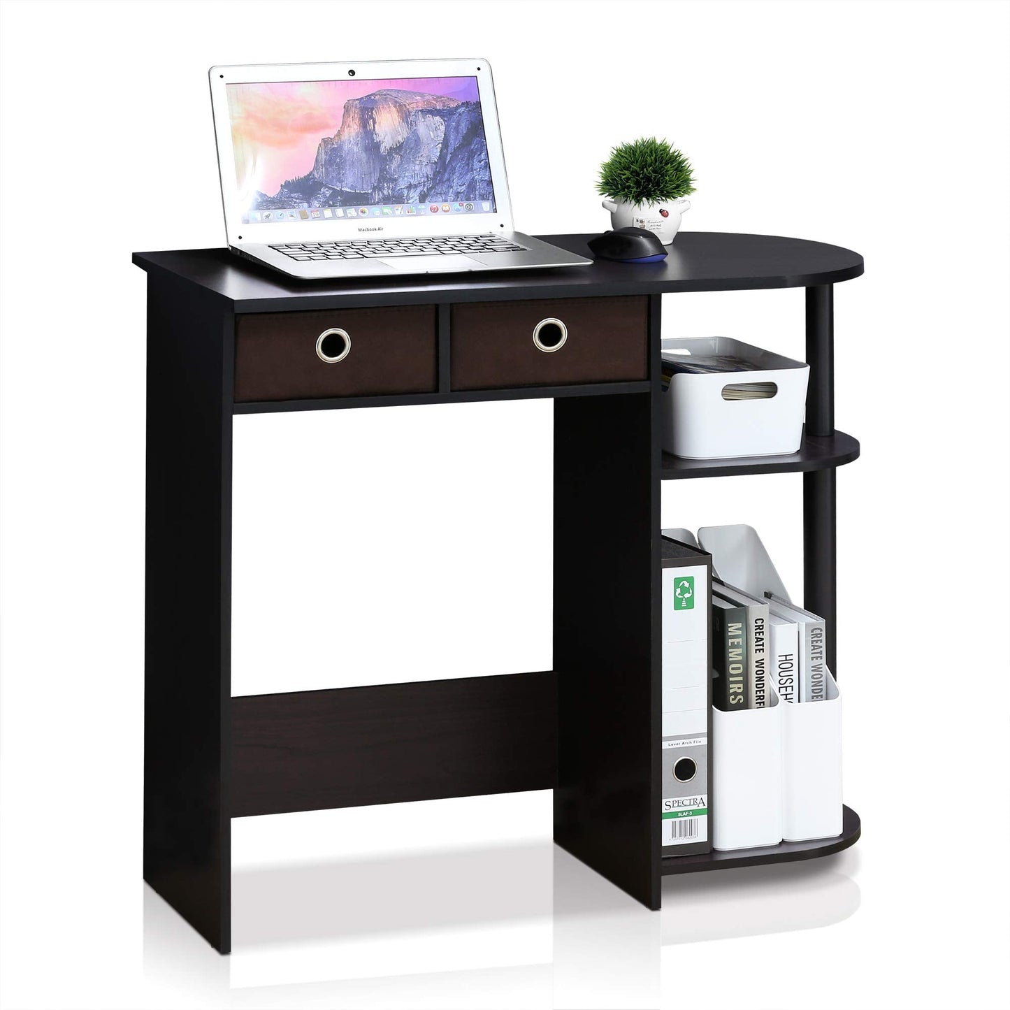 Furinno GO GREEN Desk, 31.5" Wide Gaming Desk with 2 Side Shelves and Storage Bins, Computer Desk, Office Desk for Home Office, Study Room, Dorm, Bedroom, Dark Walnut