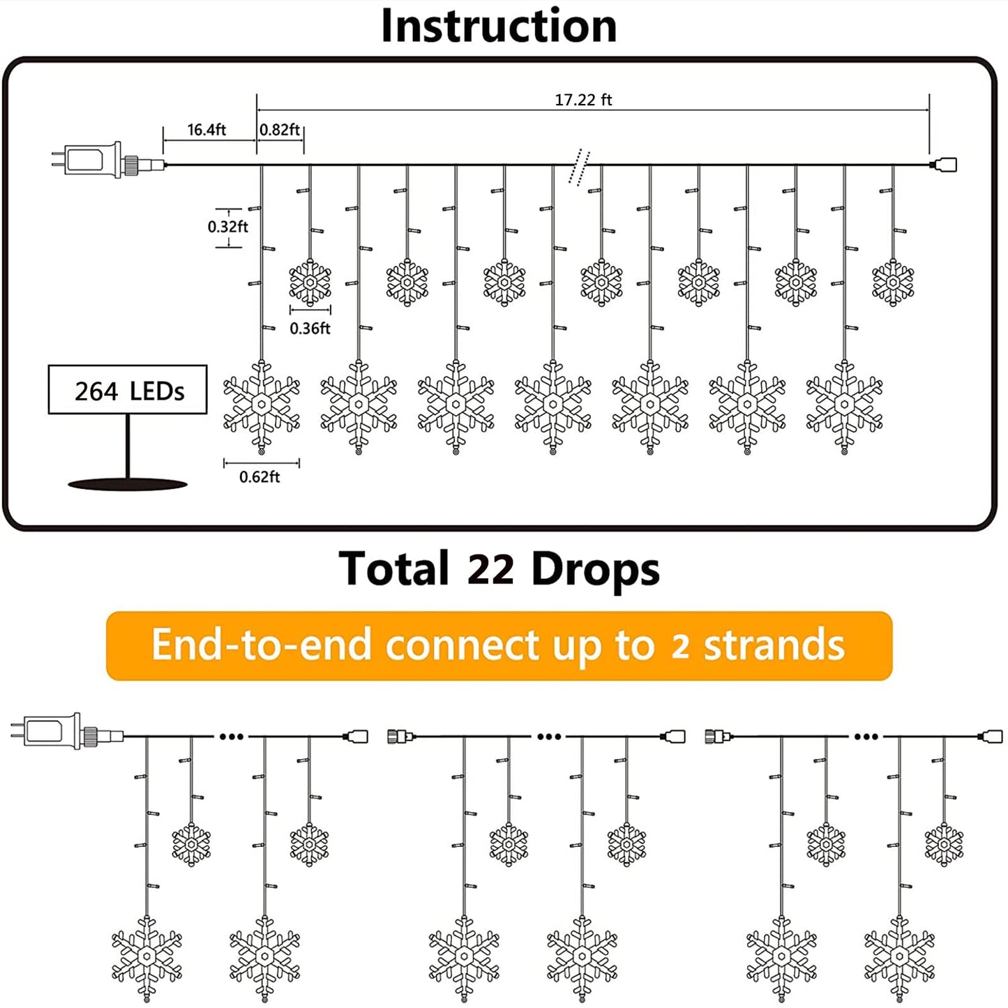 Christmas Snowflake Lights Outdoor, 17.22ft 264 LED Snowflake Icicle Lights with 22 Drops, 8 Modes connectable Plug In Christmas Light Waterproof for Eaves, Garden, Indoor & Outdoor Decor (Warm White)