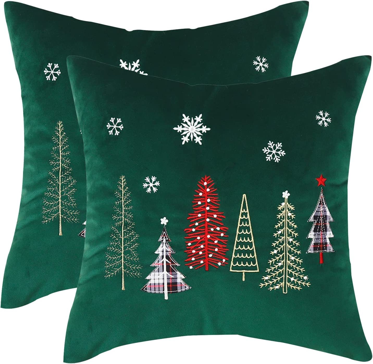 Tosleo Christmas Embroidery Throw Pillow Covers 20 x 20 inch Set of 2 Christmas Decor Velvet Pillowcases Forest Green Xmas Trees Cushion Pillow Cases Soft Square Holiday Pillowcase