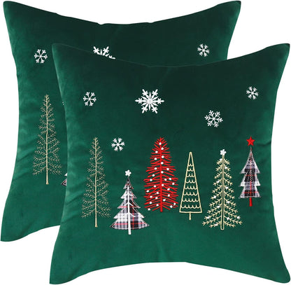 Tosleo Christmas Embroidery Throw Pillow Covers 20 x 20 inch Set of 2 Christmas Decor Velvet Pillowcases Forest Green Xmas Trees Cushion Pillow Cases Soft Square Holiday Pillowcase
