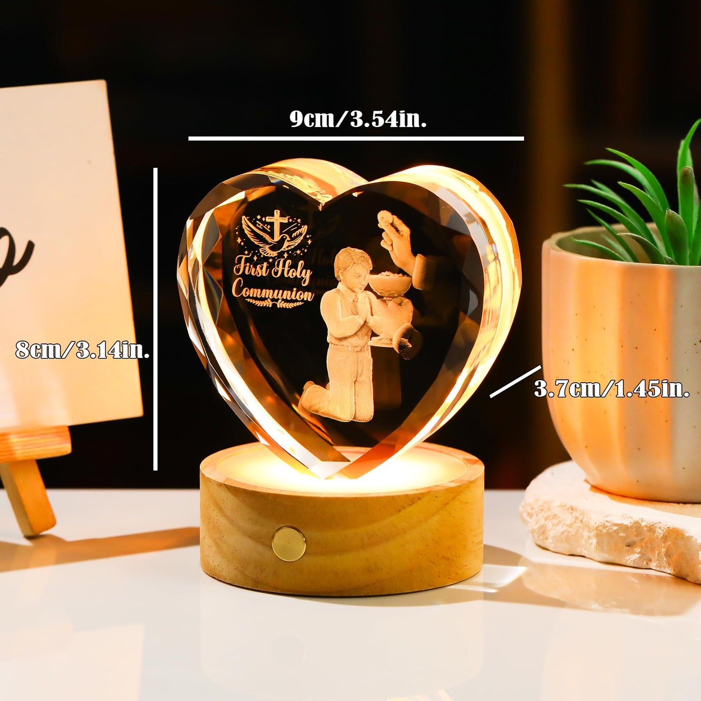 Arikyrist 3D Crystal First Holy Communion Gifts for Boys Men Crystal Heart Laser Engraving Communion Baptism Statue with Wooden Light Base Glass Religious Catholic Christian Decor