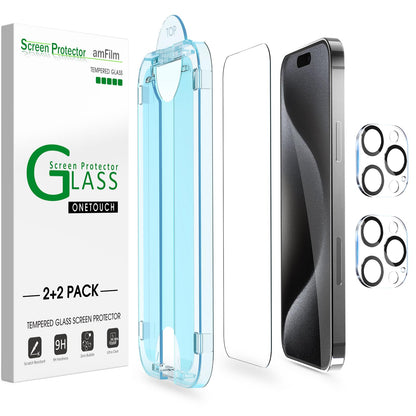 amFilm Easiest Installation OneTouch for iPhone 14 Pro [6.1 Inch] Screen Protector Tempered Glass, Auto-Alignment Tech, Bubble Free and Full Coverage Case Friendly, Anti-Scratch 2 Pack