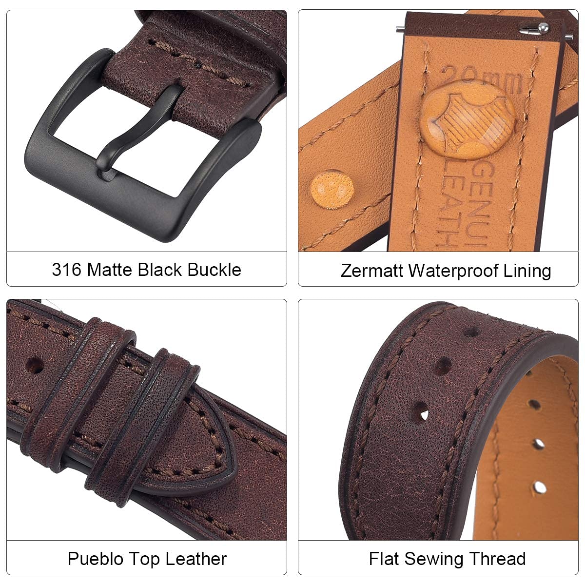 EACHE 20mm Coffee Leather Watch Bands Quick Release for Mens Italy Pueblo Top Grain Vintage Leather Watch Straps Dark Brown with Black Buckle