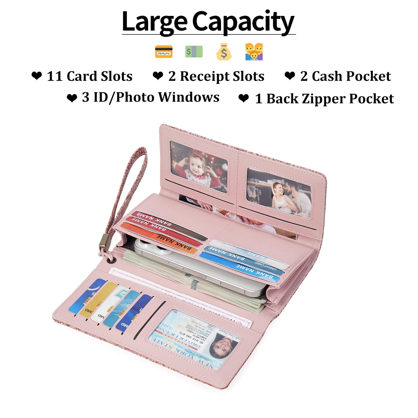 BVEOGMRO Wristlet Wallet for Women Leather Clutch Purse Trifold Card Holder RFID Blocking Large Capacity Pink