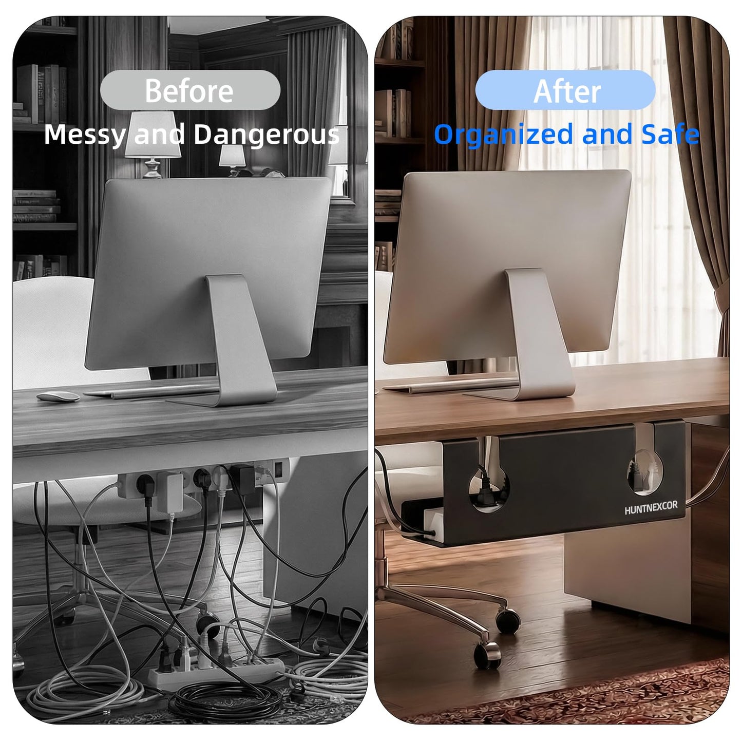 No Drill Under Desk Cable Management Tray with Clamp, Home/Office Desk Cord Organizer and Accessories Storage Shelf, 17'' Metal Cable Organizer for Standing/Gaming Desk, Office Supplies, Black 2 Set
