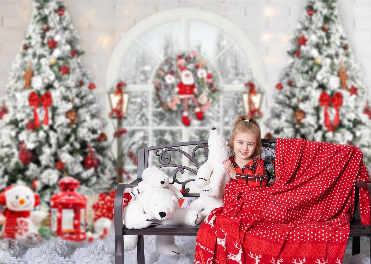Mocsicka Christmas Window Backdrop Snow World Santa Claus Snowman Photography Background Christmas Tree New Years Kids Family Party Decoration Props Portrait Photo Studio Props (10x7ft)