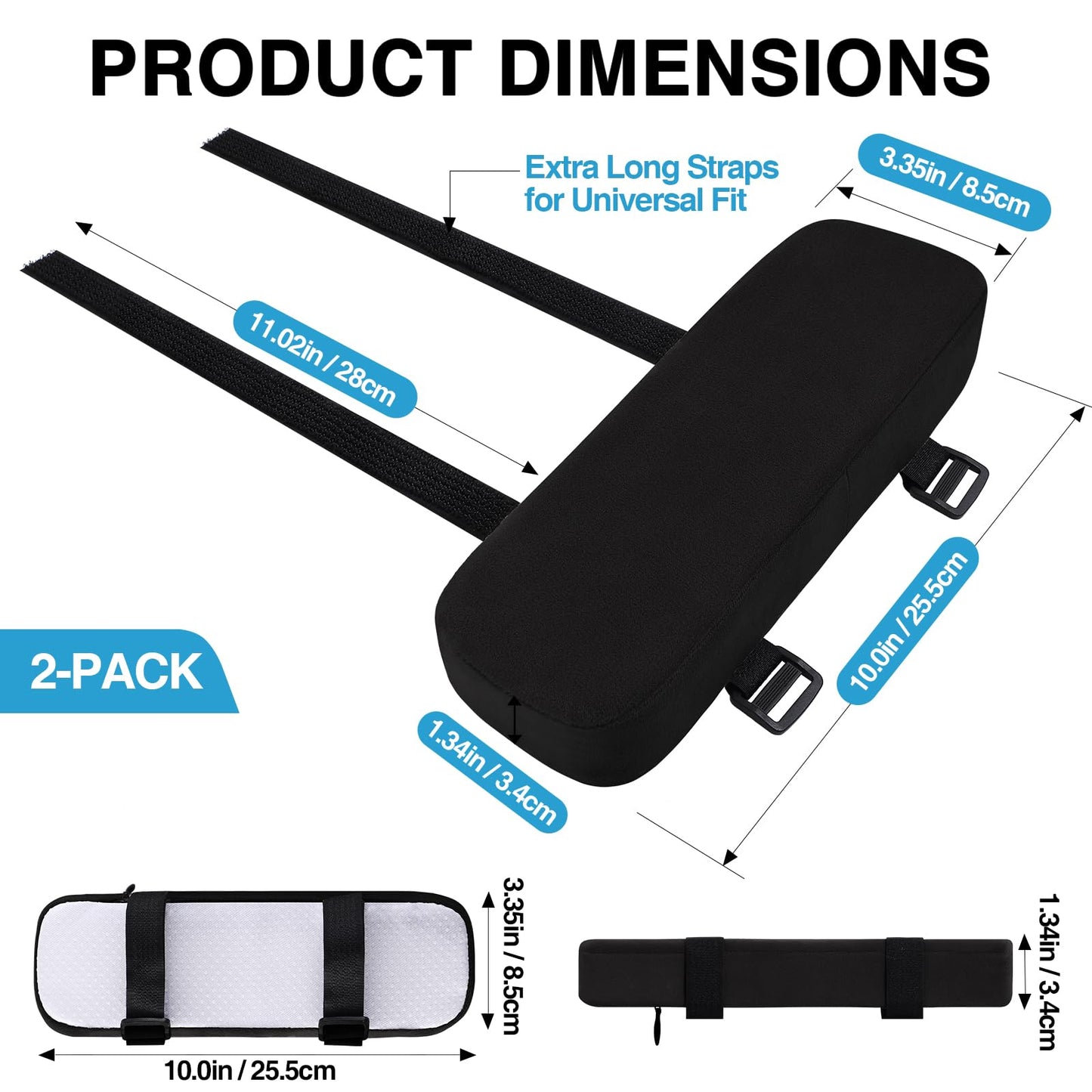 Smiry Ergonomic Office Chair Armrest Pads, Memory Foam Arm Rest Covers, Non-Slip Armrest Cushion with Adjustable Buckles and Straps, Elbow Relief for Desk, Gaming & Wheelchair (Black, Set of 2)