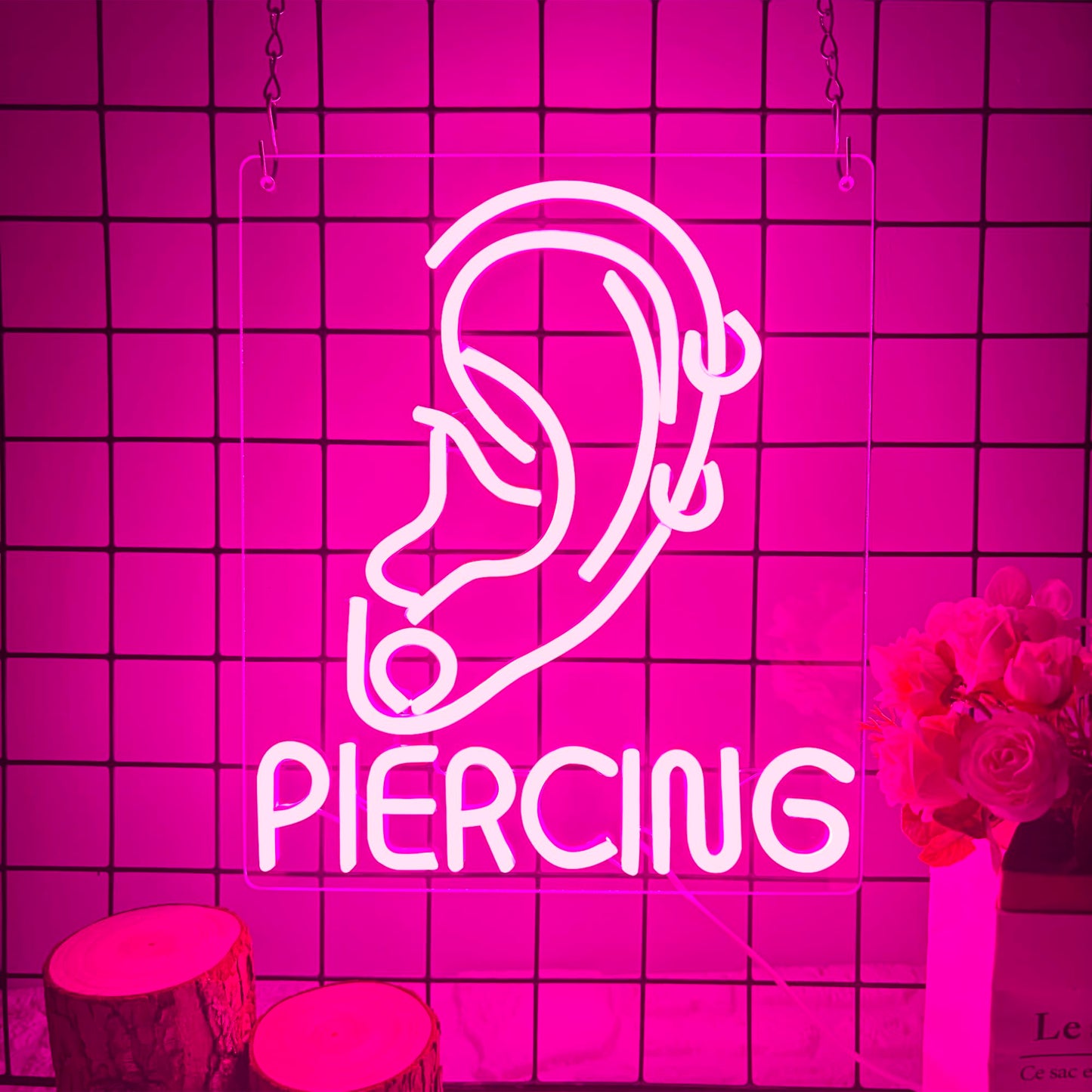 Ear Piercing Neon Sign, Cool Pink Dimmable LED Creative Ear Earring Neon Light, Tattoo Studio Barber Salon Massage SPA Shop Neon Light Decoration, Suitable Gift For Young People And Girls(13 * 11in)
