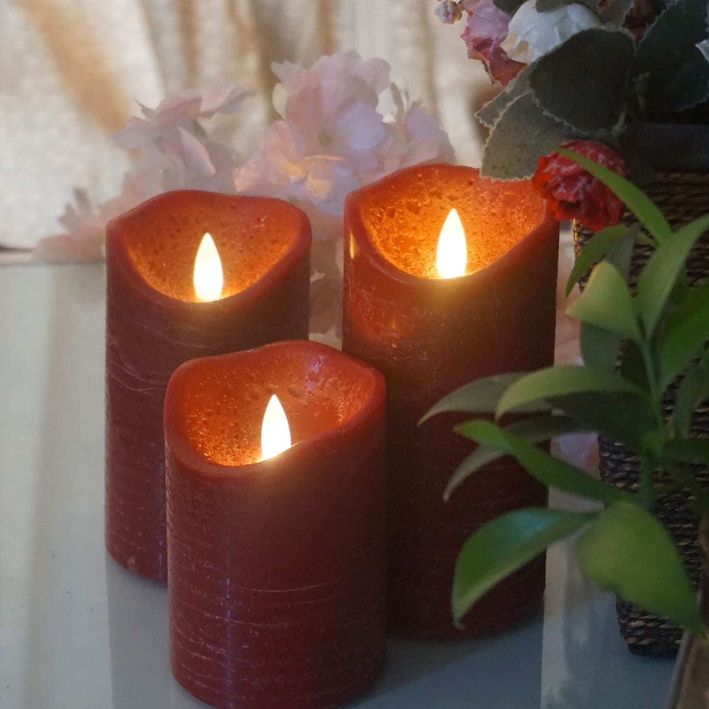 CANDLE CHOICE Real Wax Battery Operated Flameless Candles with Remote Automatic Daily Cycle Timer Realistic Flickering Electric LED Pillars Wedding Party Holiday Decorations 3 Pack Rustic Texture Red