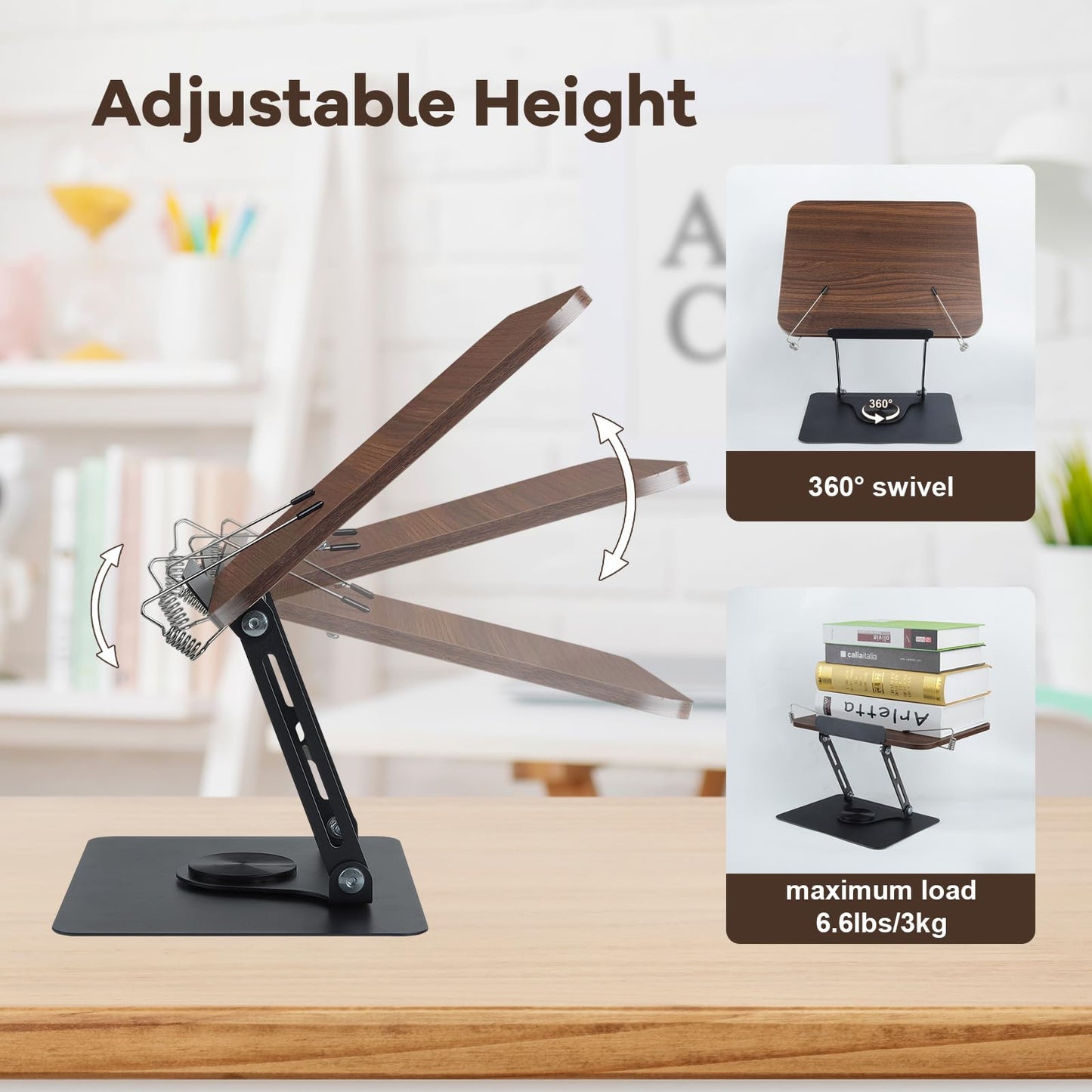 comfoyar Book Stand for Reading, Foldable Textbook Reading Stand with 360° Swivel Base and Elastic Page Clips, Adjustable Desk Cookbook Holder for Recipe Tablet Laptop Music Scores, Hands Free