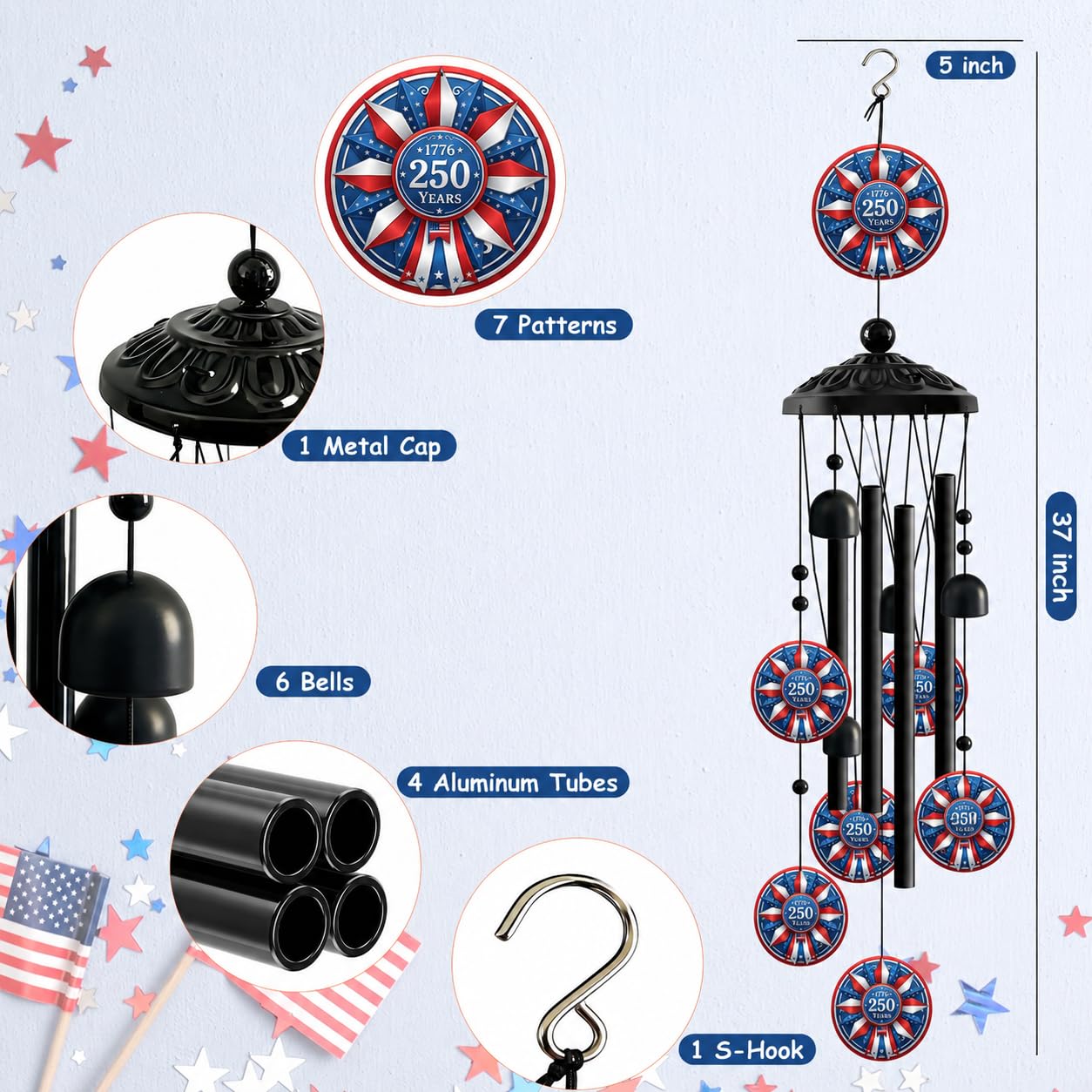 1776-2026 Patriotic Wind Chimes for Outside, Red White Blue American Flag Hanging Wind Chime with Stars and Bells, Outdoor Wind Chimes for Garden Decor, Porch Patio Yard Balcony Decor
