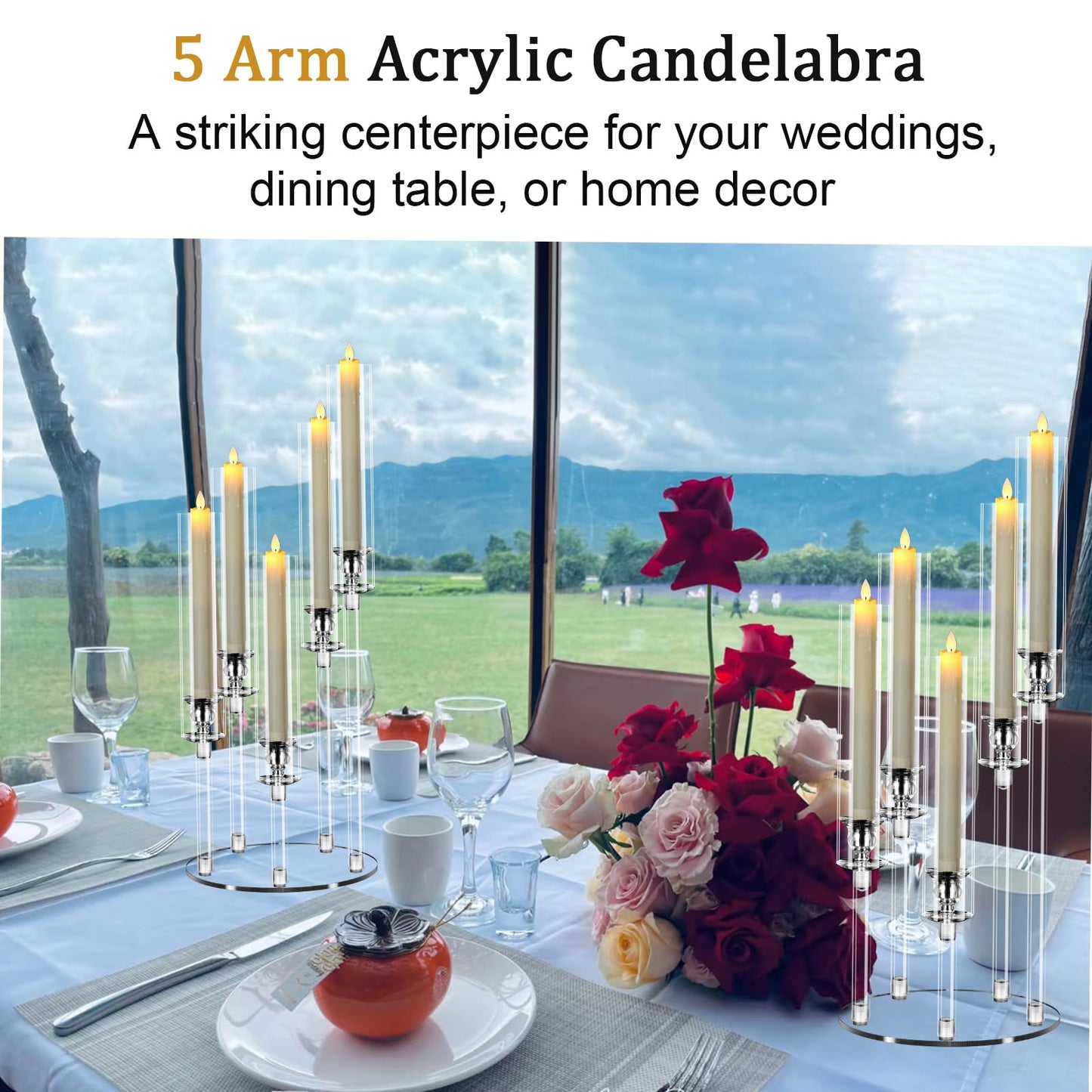 6 Sets 5 Arms Acrylic Candelabra Centerpieces for Tables,Clear Candle Holder for Wedding,Ceremony Dinner Party, 22.8" Tall Candlestick Holders with Lampshade,Fit LED Candle