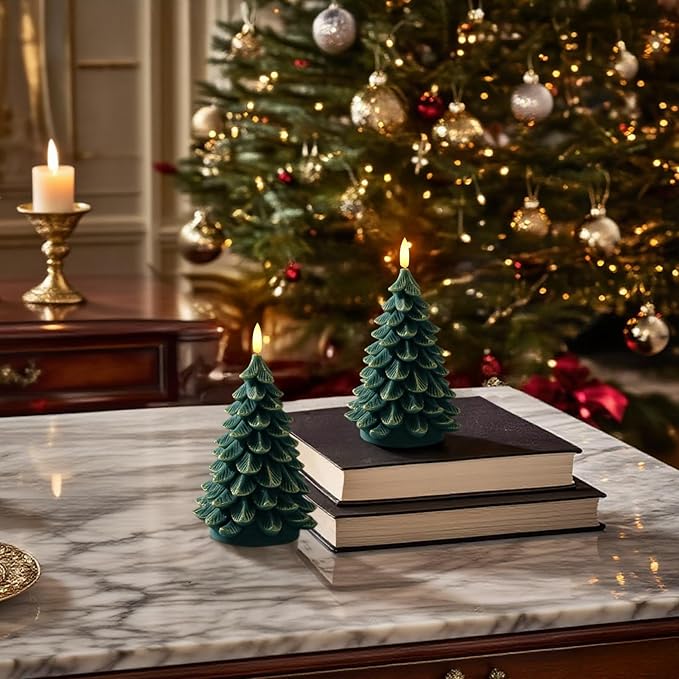 Christmas Decorations Indoor, Christmas Decor - Christmas Tree Candles Battery Operated, Flameless LED Candle Lights with 6H Timer, Xmas Home Decor, Set of 2(Green&Gold)