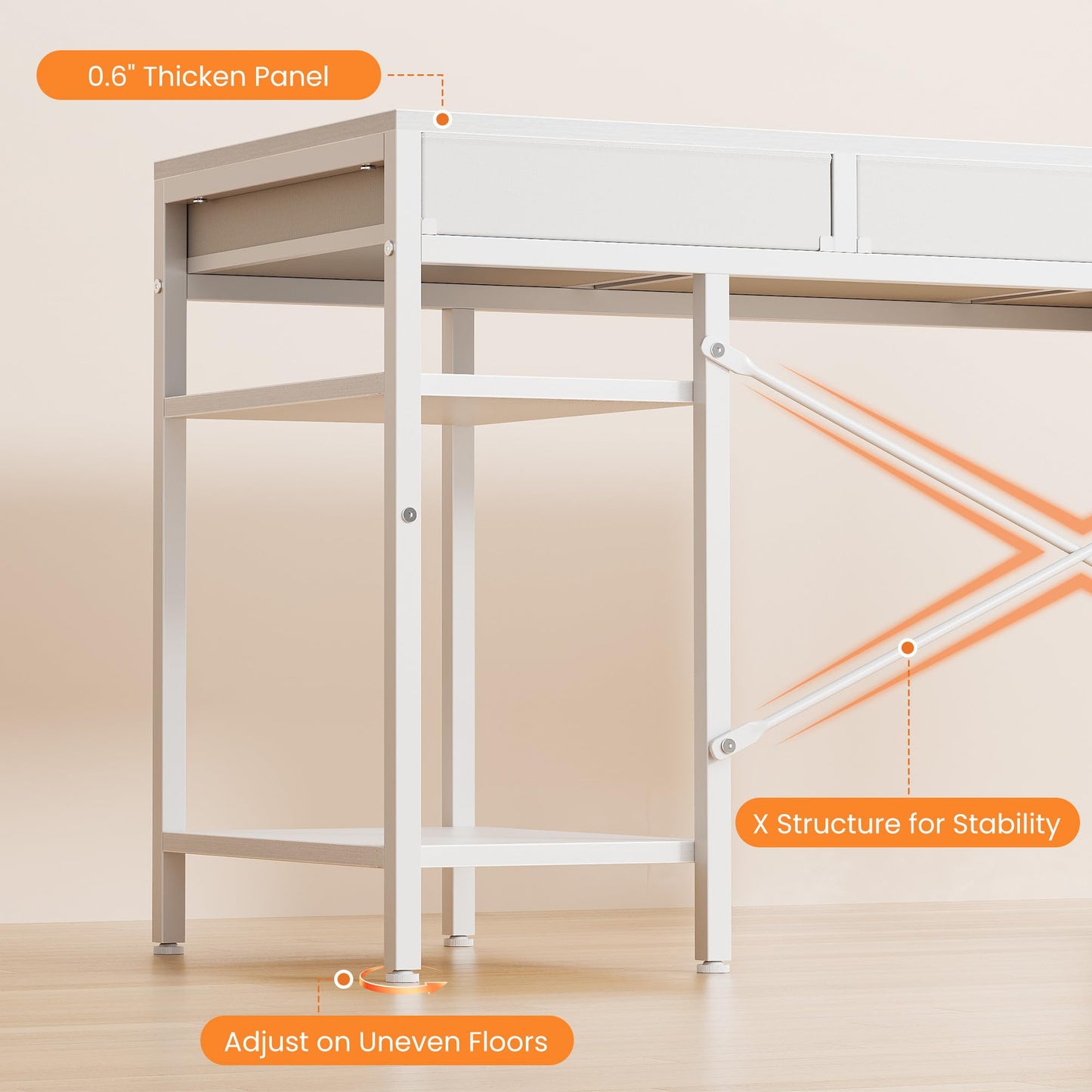 Sweetcrispy 47" Computer Desk with 6 Drawers, Home Office Gaming Desks with Storage Shelves for Bedroom, Writing Study Corner Living Room Work Table White