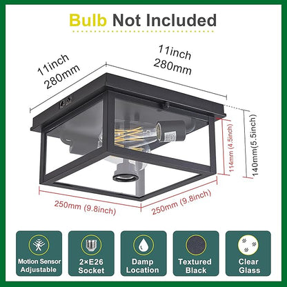 Adjustable Motion Sensor Ceiling Light Fixture Outdoor Modern Design of Squares Flush Mount 2-Light Textured Black with Clear Glass for Your Porch,Garage,Patio,Hallway,Front and Back Yards