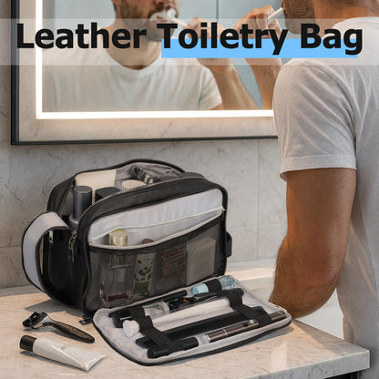 MIRASON Travel Toiletry Bag for Men Thickened Leather Travel Bag for Toiletries, Dopp Kit Water-resistant Shower Bag for Shaving Gym Bathroom Organizer Gifts for Men, Black