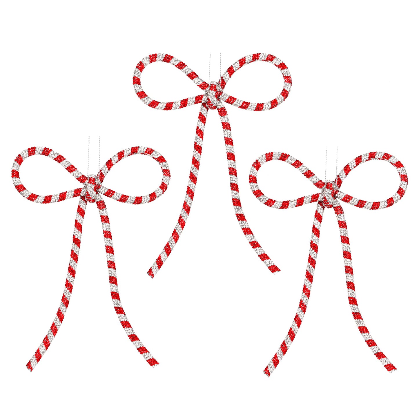 XMIAOX 3 Pcs Handmade Rhinestone Bow Christmas Ornaments, Sparkling Candy Cane Bows for Holiday Tree, Wreath & Gift Wrapping, Reusable Holiday, Home, Party Décor (Red & Silver, Small)