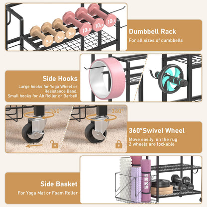 GloCryp Home Gym Storage Rack, Multi-functional Workout Equipment Storage for Dumbbells, Kettlebells & Yoga Mats, Heavy Duty Weight Rack for Home Garage Gym, Rolling Fitness Equipment Organizer with Hook