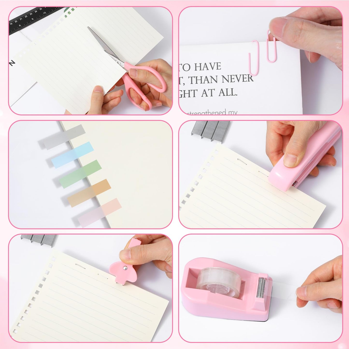 Pink Office Supplies Set, Desk Accessories for Women with Stapler, Tape Dispenser, Staple Remover, Staples, Clips, Scissor and Tabs, Gift for Students and Coworkers