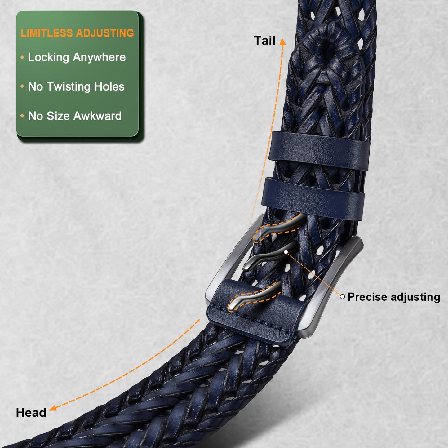 BULLIANT Men Belt, Braided Leather Belt Adjustable For Men Casual Jeans Golf 1 3/8"(Black/Blue,26"-30" Waist Adjustable)