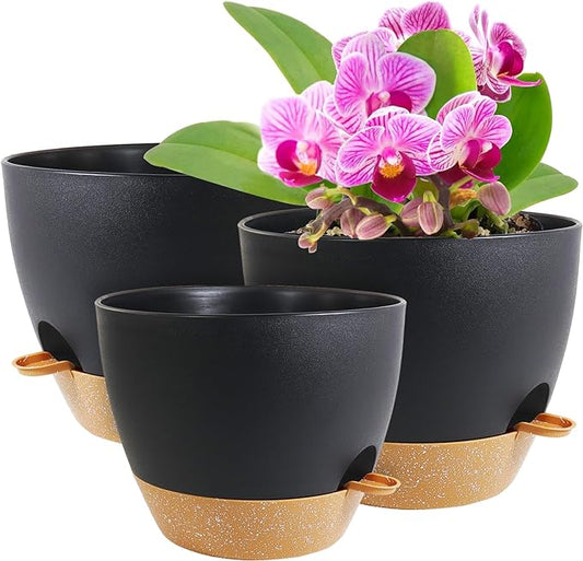 12/10/9 inch Large Self Watering Pots, Planter, Plant Pots with Mesh Drainage Holes for Indoor Outdoor Garden Plants, Plastic Flower Pots with Removable Deep Reservoir, Black with Brown
