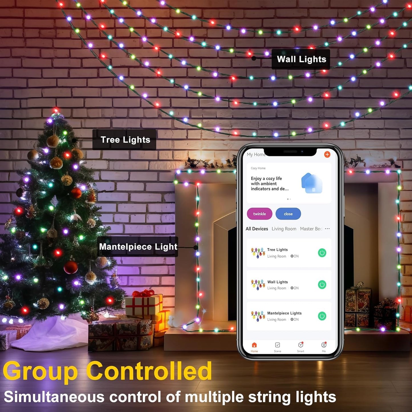PMS Smart WiFi LED Christmas Lights, APP-Controlled RGB Fairy String Lights, Ideal for Xmas Tree, Garden, Home, Party, Halloween Festival Deco (33ft-100LED)