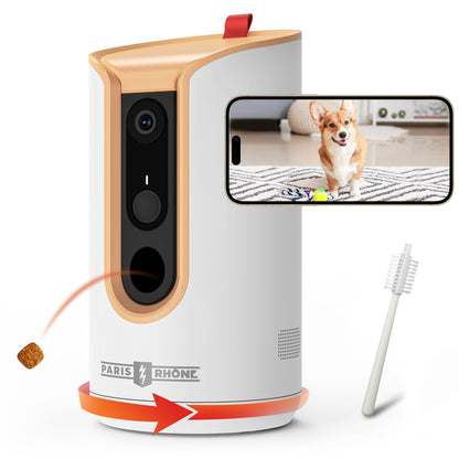 PARIS RHÔNE 2K Pet Camera, 360°View Dog Camera Treat Dispenser, 5G WiFi Pets Monitoring with Phone APP, Two-Way Audio, Infrared Night Vision, Barking Detection and Motion Alerts, Works with Alexa