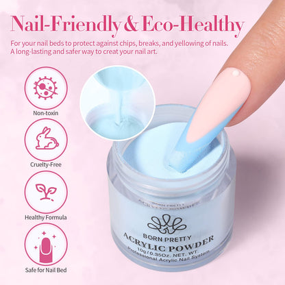 BORN PRETTY Acrylic Nail Kit - Acrylic Powder (Clear, White, Pink) & Liquid Set with Nail Forms, Brush Pen, File & Glass Container - Beginner Friendly