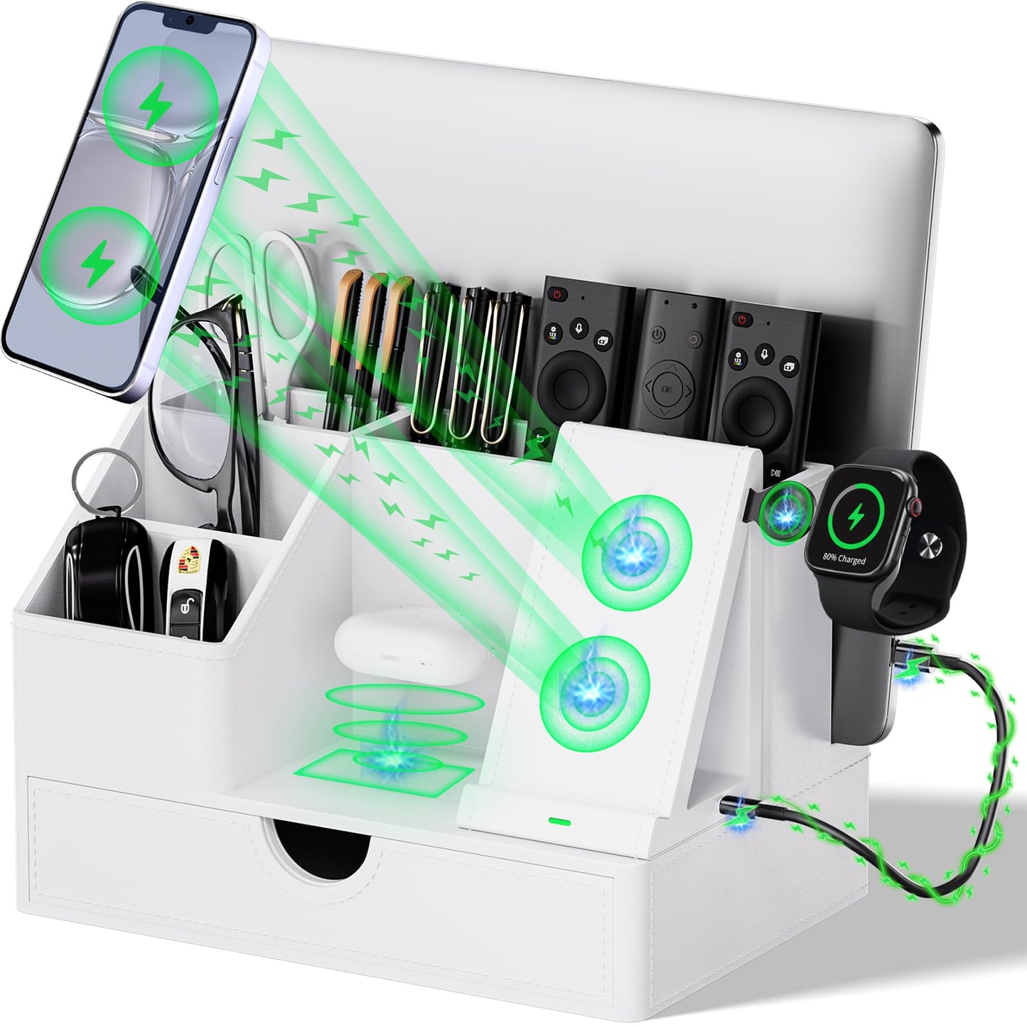 Sleek White PU Leather Charging Station with Drawer - 6-in-1 Multi-Device Desktop Organizer Docking Hub for iPad, Tablet, Laptop, Phone, Watch, Office Home Gift Idea