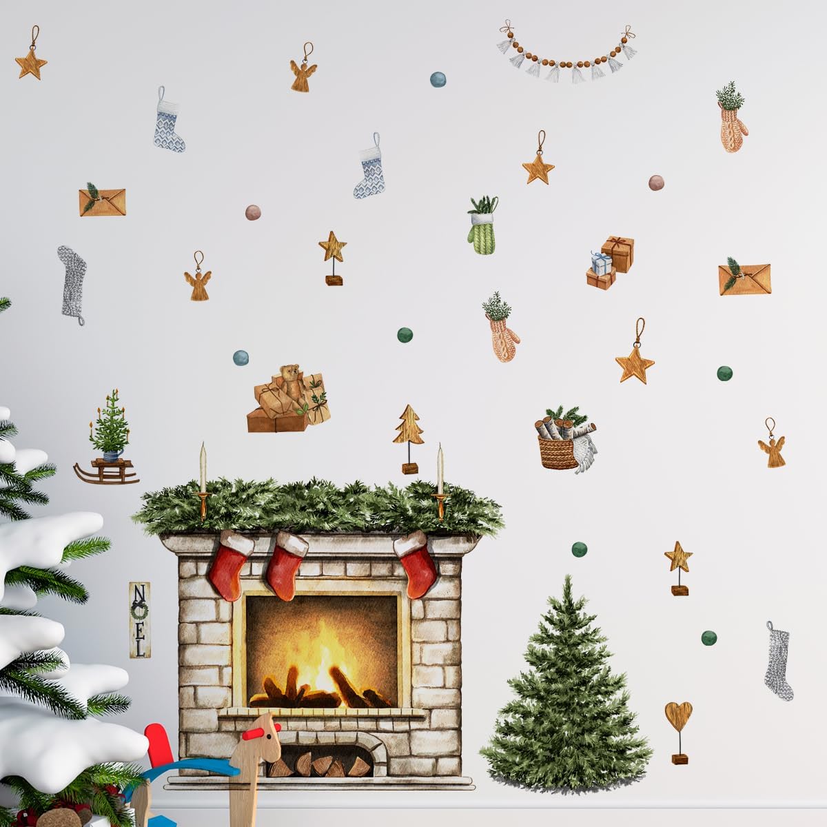 38.58 X 37 Inch Christmas Tree Wall Decals Christmas Fireplace Christmas Stocking Wall Stickers Removable Christmas Window Decal Sticker Decor for Christmas Holiday Living Room Bedroom Decorations