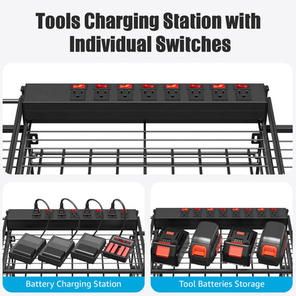 CCCEI Black Power Tool Organizer Wall Mount, Large Tools and Battery Storage Rack Charging Station Individual Switches. Drills Holder, Garage Utility Shelves with 6FT Power Strip. Gift for Men.