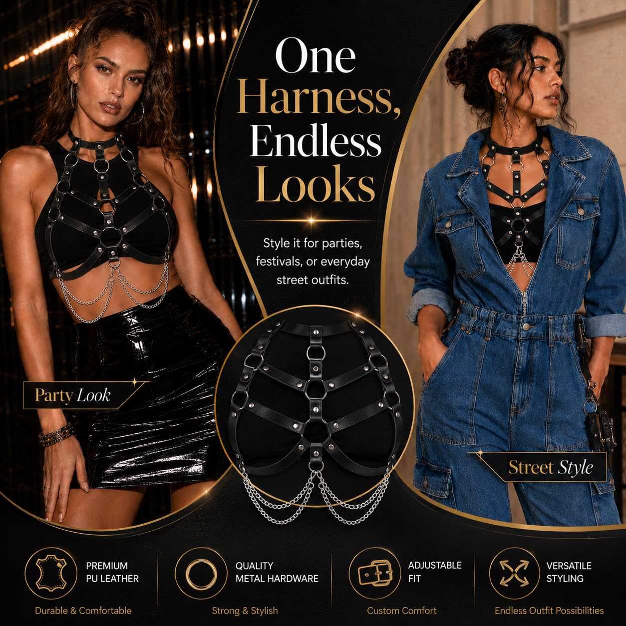 Women‘s Leather Chest Harness Top – Gothic Black Body Strap Belt, Punk Chain Harness for Festival Cosplay Rave Party Outfit