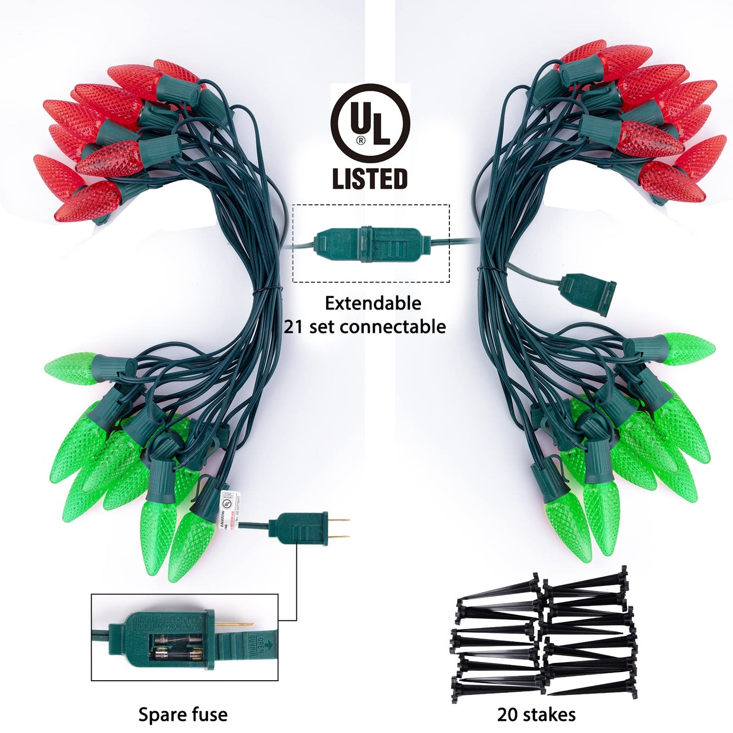 C9 LED Christmas Lights Outdoor with stakes, 25.7ft 20 LED Strawberry String Lights, Connectable Shatterproof Pathway Lights Marker for Path, Lane, Patio, Xmas Holiday Decorations, Red and Green