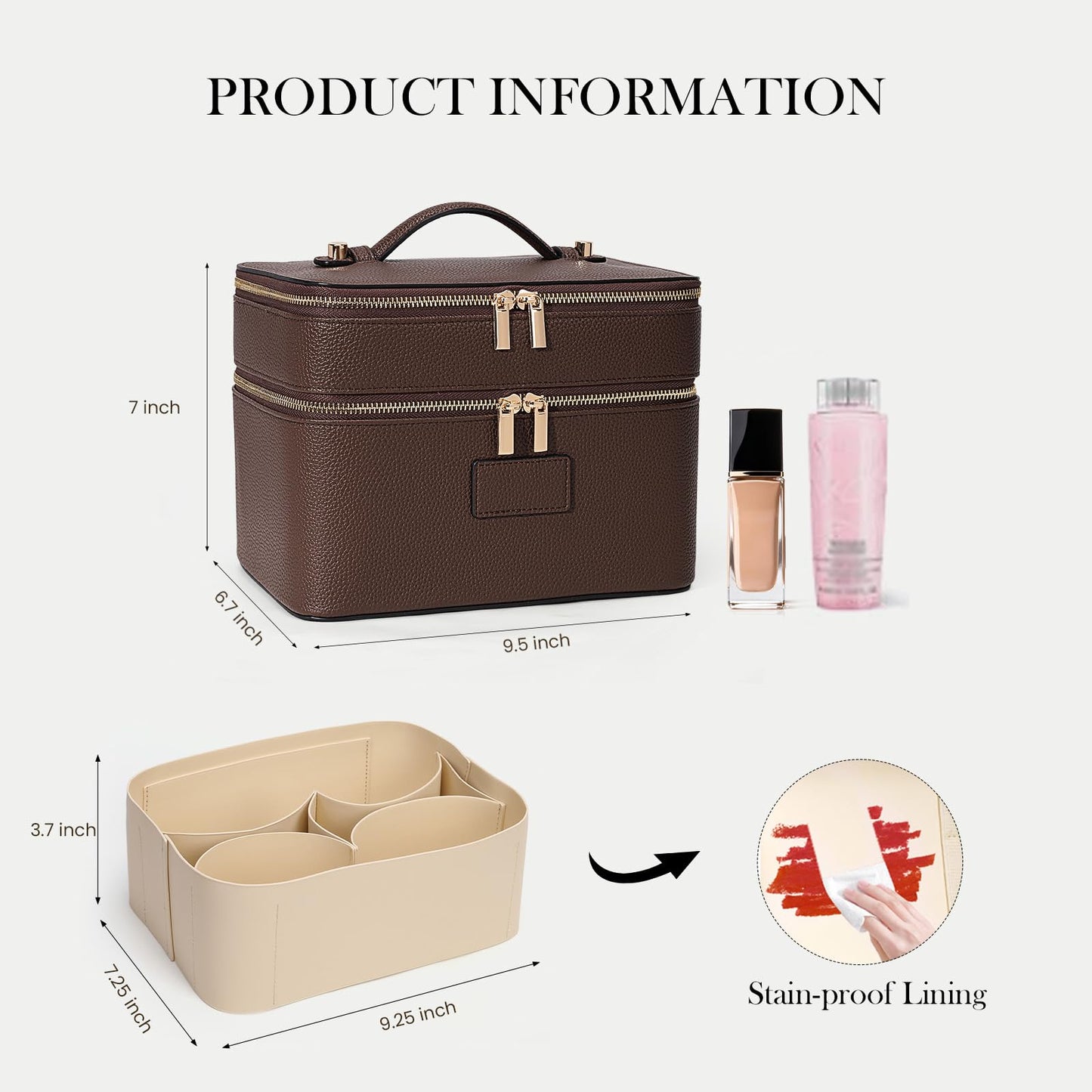 HiTotes Large Makeup Bag Duo Vanity Case for Women Leather Makeup Case Travel Toiletry Bag Portable Double Layer Cosmetic Bag