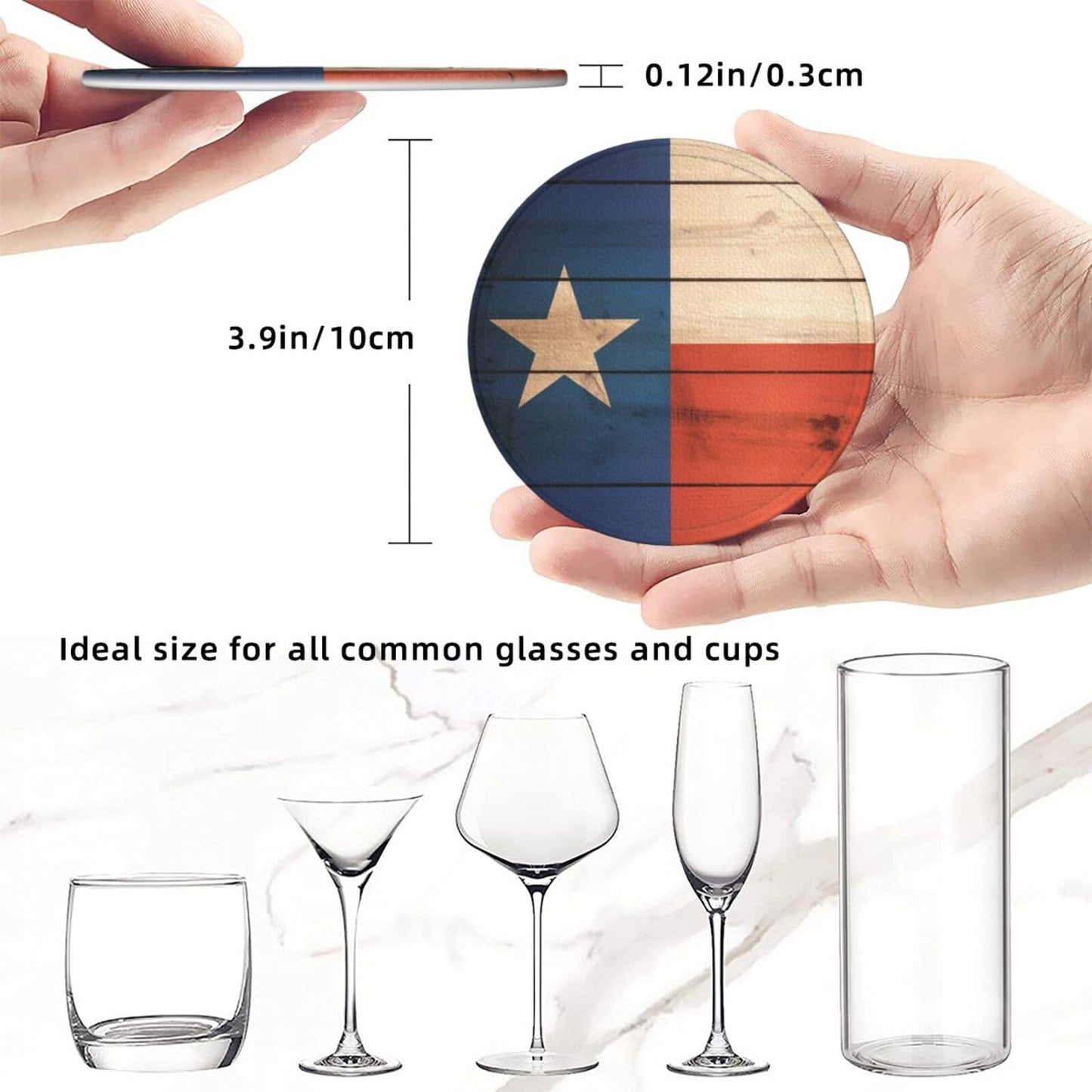 Keeawou Wood Texas Flag Leather Drinks Coasters with Holder, Set of 6, Suitable for Various Cups