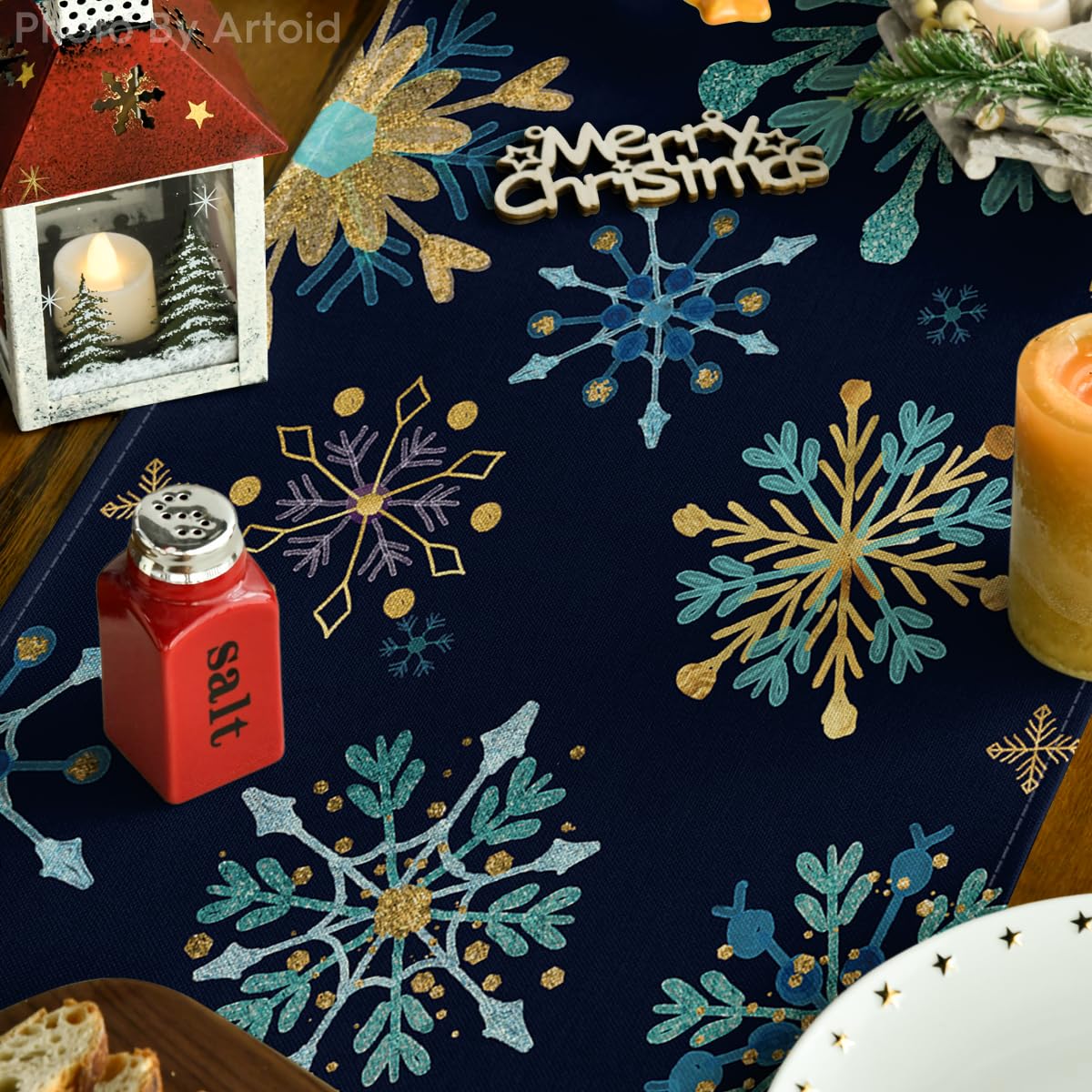 Artoid Mode Blue Snowflakes Hexagon Winter Table Runner, Seasonal Christmas Kitchen Dining Table Decoration for Outdoor Home Party 13x90 Inch