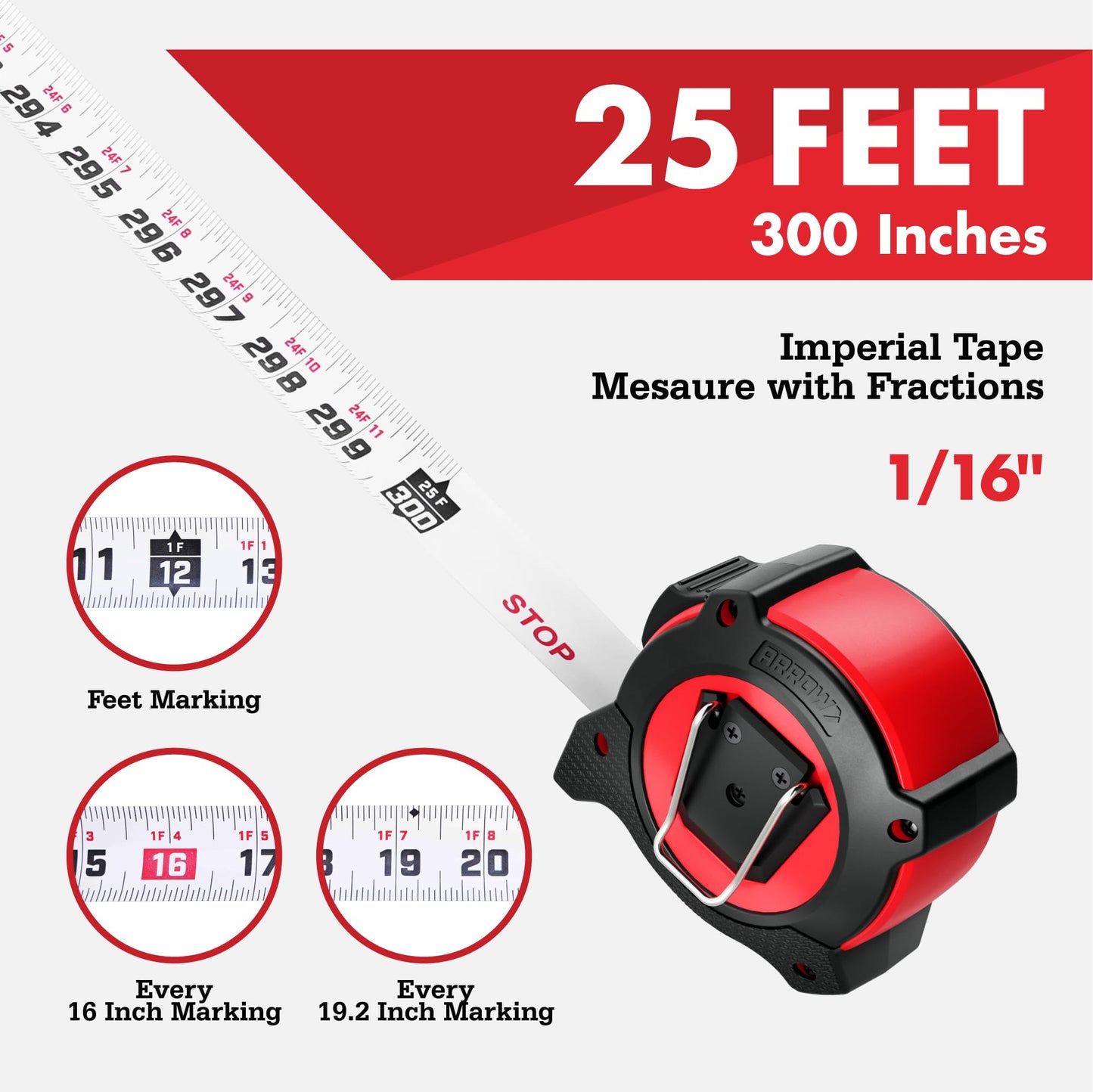 Arrow 25FT Tape Measure, 2PCS Easy Read Measuring Tape with Dual Locking System, Double Sided Measurement Tape with 1.25″ Blade, Belt Clip, Dual-End Metal Hook, and Rubber Protective Casing