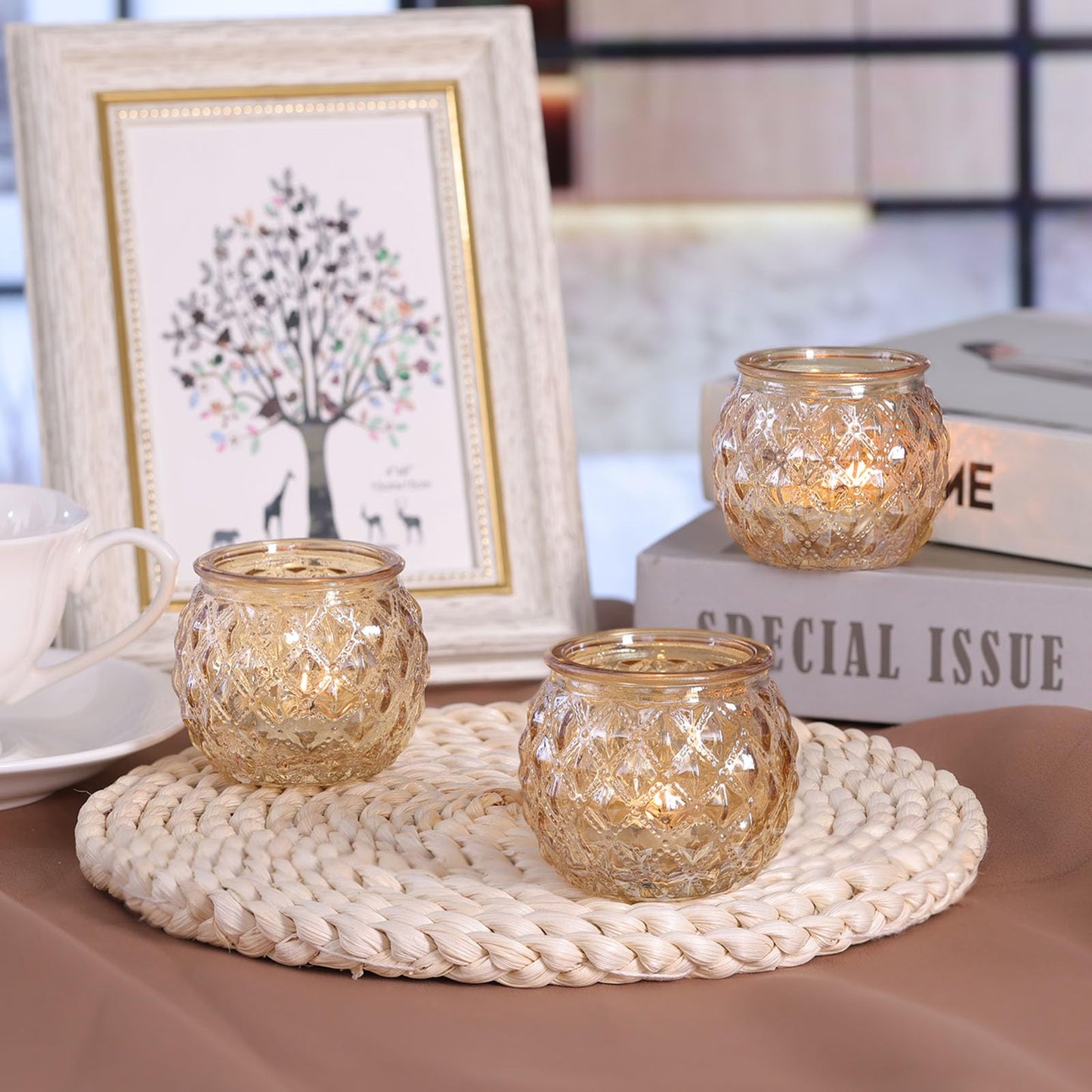 DARJEN 12Pcs Gold Glass Candle Holders - Round Tea Light Holders for Table Centerpiece, Wedding Shower, Party, Home Decor