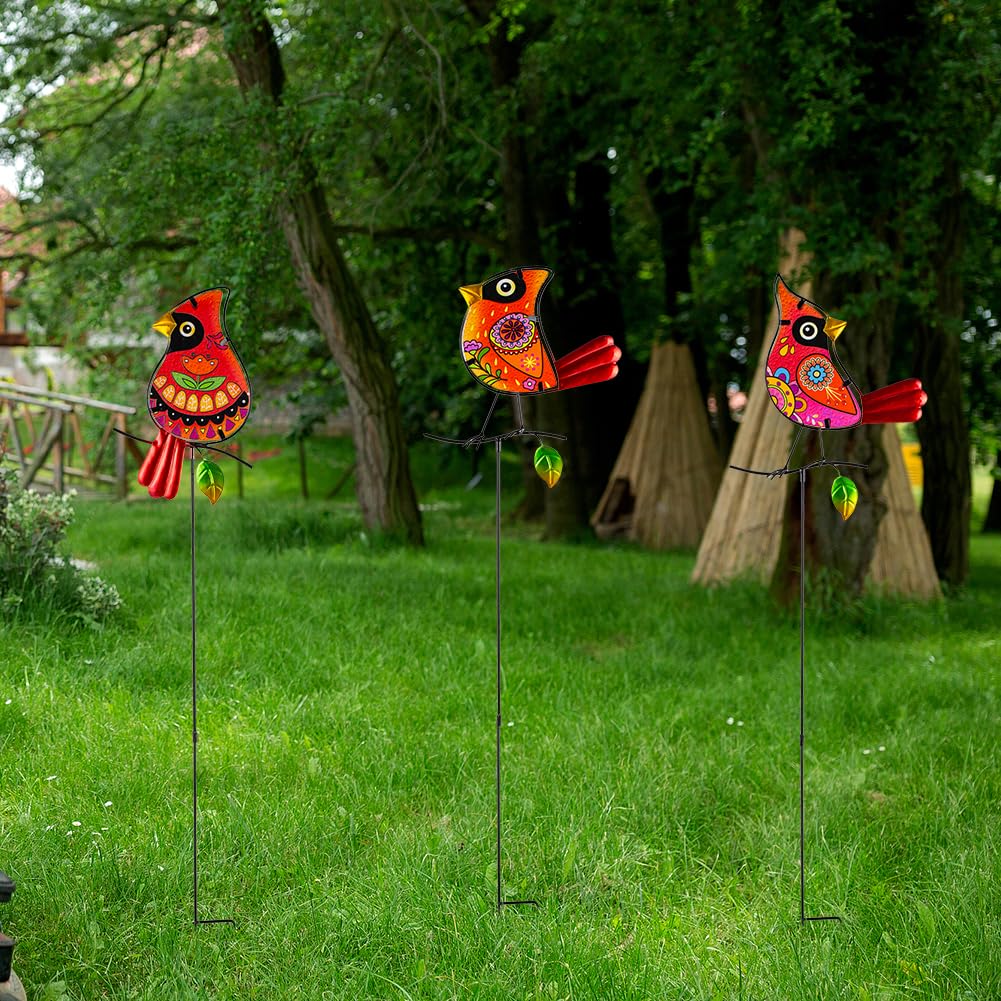 SATHGA Decorative Garden Stakes,Set of 3 Cardinal Stained Glass Metal Yard Art,Waterproof Outdoor Decor Housewarming Present for Women Mom Grandma