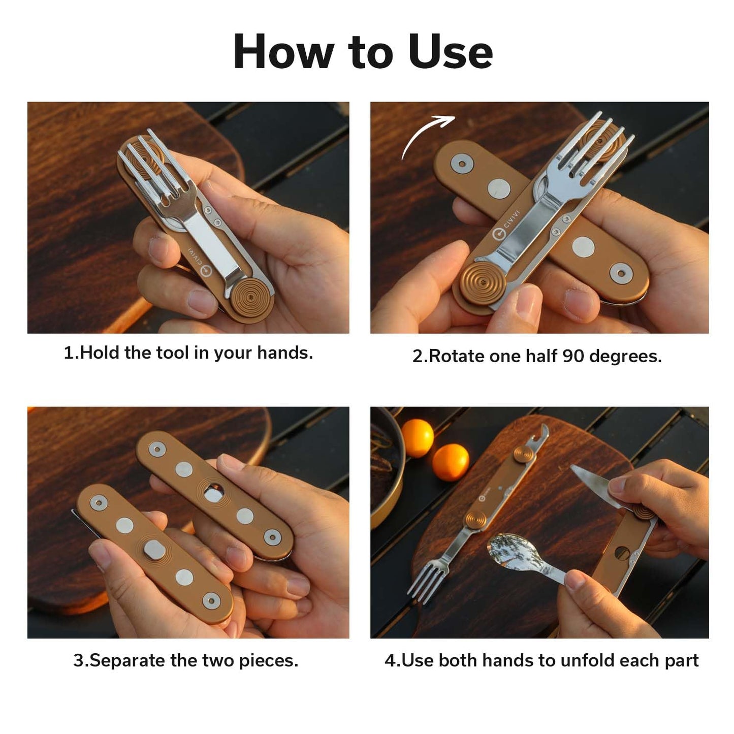 CIVIVI Partake 4-in-1 Camping Utensil, Detachable Stainless Steel Folding Knife, Fork, Spoon & Bottle Opener Multi-Tool, with Waxed Canvas Pouch for Travel Camping Hiking, C24032C-2, Coyote Brown