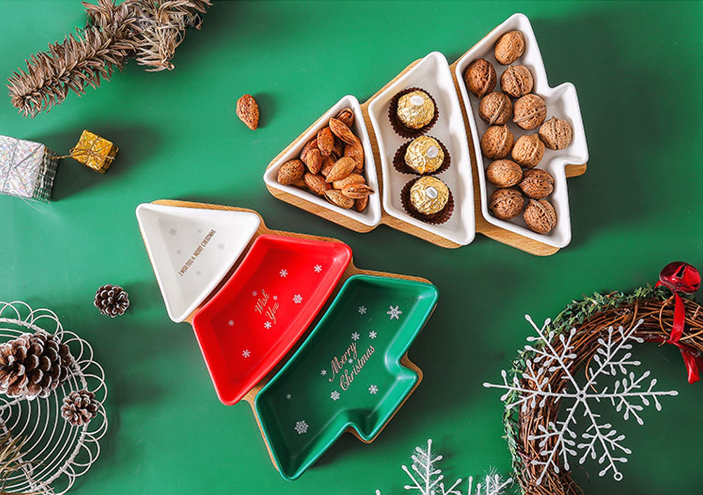 ROSE CREATE Colorful 11.6 Inches Big Colorful Snack Appetizer Trays Set, Christmas Tree Dessert Serving Dishes, Snack Platter, 3 pcs Removable Porcelain Plates with Bamboo Tree Tray