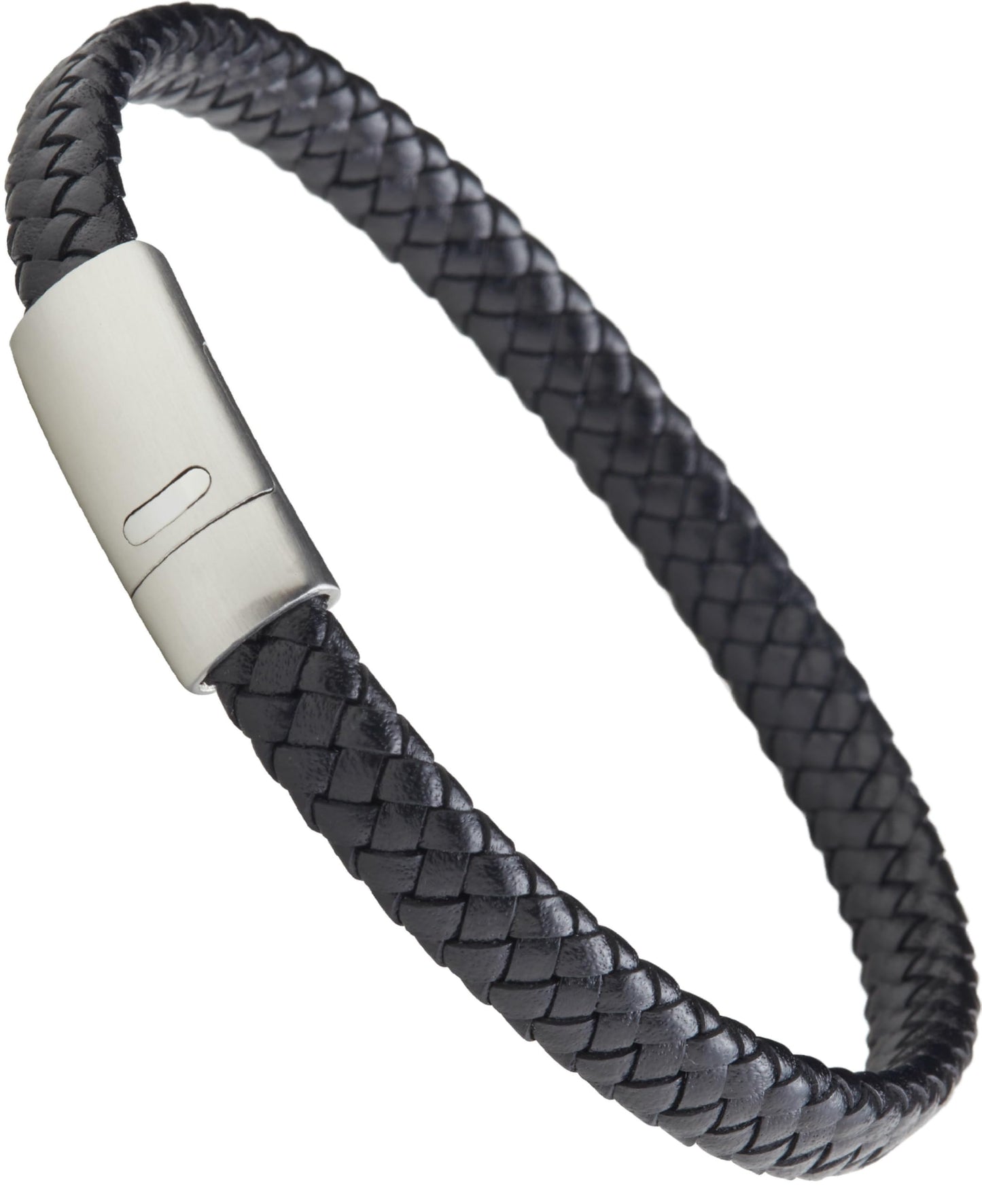 LUXAR Men’s Genuine Leather Bracelet | Interwoven Black Leather Bracelets with Brush Stainless Steel Clasp | Minimalist, Designer Jewelry for Men (Silver, Medium)