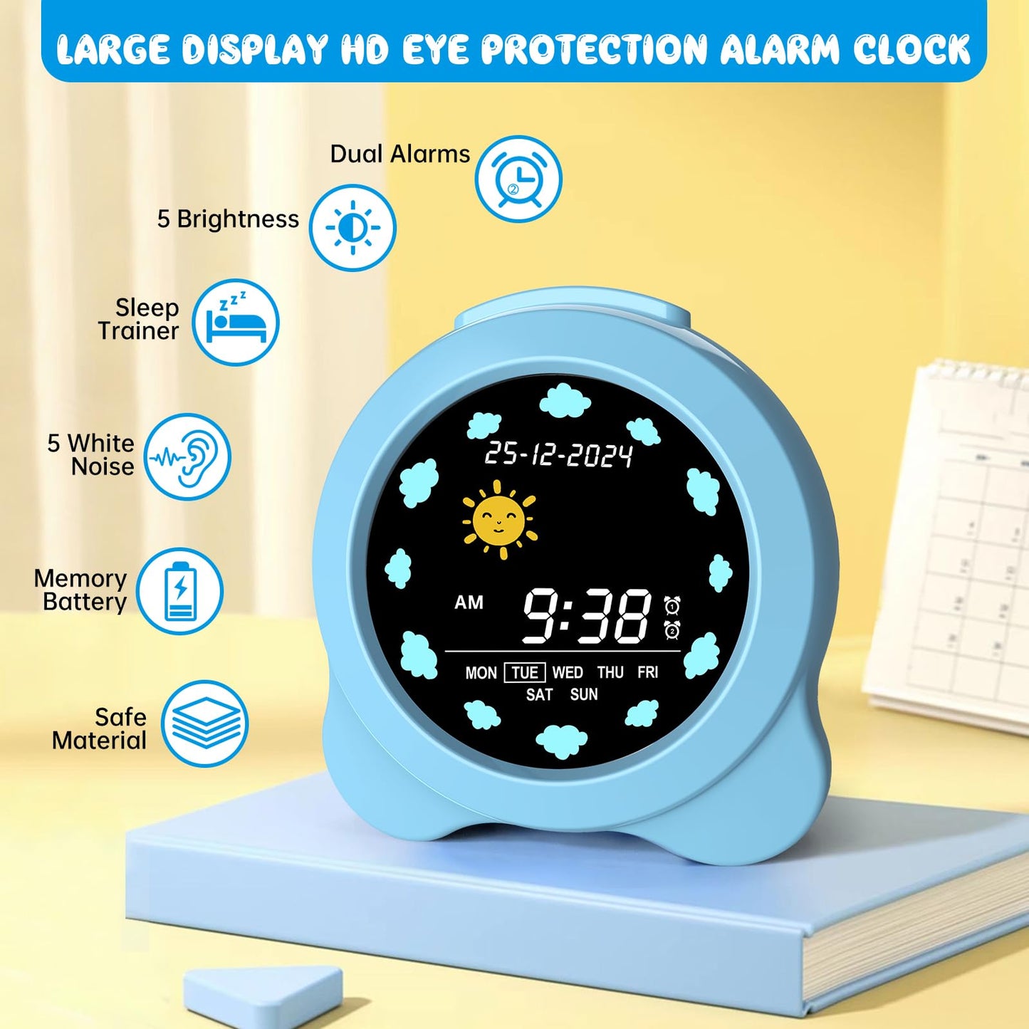 Kids Alarm Clock, Sun & Moon LED Display with Day & Date, Children's Sleep Trainer with Night Light & Sleep Sounds, Cute Wake Up Clock for Kids Bedroom, Easy to Use Birthday Gift for Boy and Girls