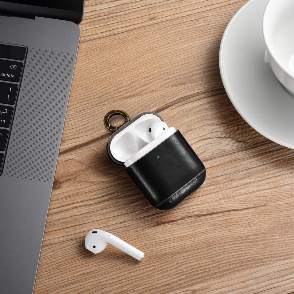 AirPods Leather Case, ICARER Genuine Leather AirPod case with Keychain and Led Light for Apple AirPods 2 Case & Airpods 1, Support Wireless Charging (Black)