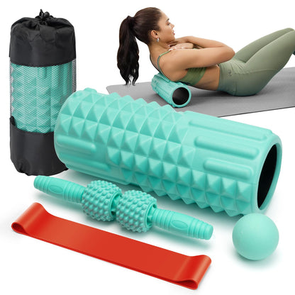 LTHTRADE 5 in 1 Foam Roller Set - Back Roller Foam, Massage Roller Stick, Massage Ball, Resistance Band for Physical Therapy & Deep Tissue Muscle Massage (Green)