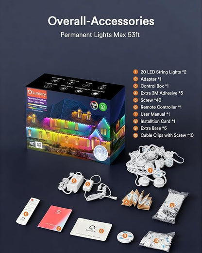 Lumary Permanent Outdoor Lights Max 53ft with 40 LED Eave Lights RGBAICW 2400LM, IP67 Waterproof, IC Control and Scene Modes for Halloween Christmas Decoration, Works with Alexa and Google Assistant